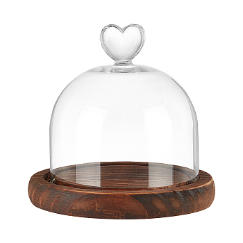 Glass Microlandschaft Covers, Glass Heart Cover, Decorative Display Case, Cloche Bell Jar Terrarium with Wood Base, for DIY Preserved Flower Gift, Coconut Brown, 112x112mm