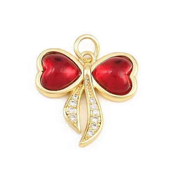 Brass Micro Pave Red Cubic Zirconia Pendants, Bowknot Charms, Golden, 18x18x5mm, Hole: 3mm