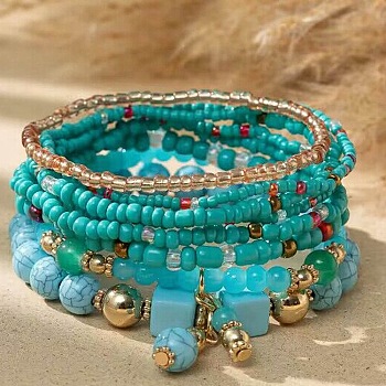 11Pcs Boho Seed Beads Stretch Bracelets Set, Multilayered Stackable Bracelets, Colorful Shell Beaded Charm Surfer Bracelets for Women, Blue, Inner Diameter: 1-3/4~2-1/8 inch(4.5~5.5cm)