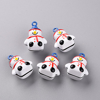 Baking Painted Brass Bell Pendants, Christmas Snowman, Red, 24x18x13.5mm, Hole: 2mm