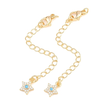 Brass Curb Chain Extender, End Chains with Lobster Claw Clasps and Cubic Zirconia Charms, Star, Golden, 73mm, Hole: 2.4mm