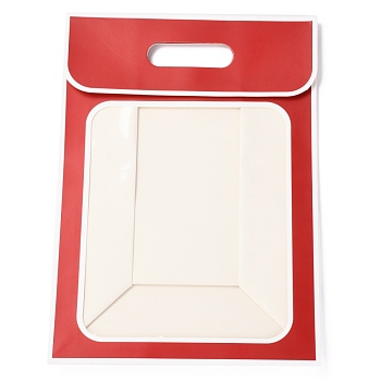 Rectangle Paper Bags, Flip Over Paper Bag, with Handle and Plastic Window, Red, 35x25x15cm