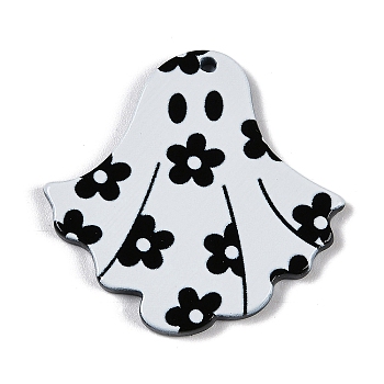 Halloween Theme Opaque Ghost Acrylic Jewelry Pendant, White & Black, Ghost, 33.5x34x2.5mm, Hole: 1.6mm