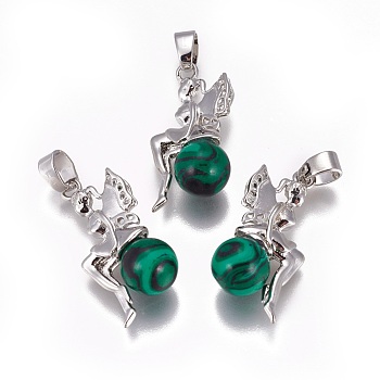 Synthetic Malachite Pendants, with Platinum Tone Brass Findings, Fairy, 25~26x12~13x8mm, Hole: 3.5x5.5mm