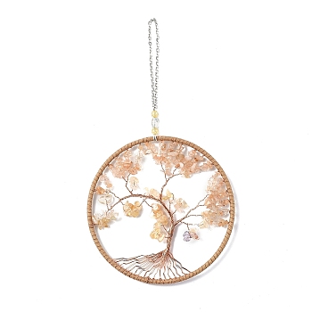 Wire Wrapped Chips Natural Yellow Aventurine Big Pendant Decorations, with Iron Chains and Imitation Leather Rope, Flat Round with Tree of Life, 295mm