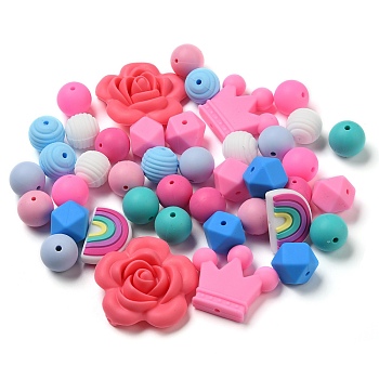 HOBBIESAY 12 Style Silicone Beads, Chewing Beads For Teethers, DIY Nursing Necklaces Making, Rainbow & Crown & Flower, Mixed Color, 14~39x14~40x9~15mm, Hole: 2mm, 42pcs/box