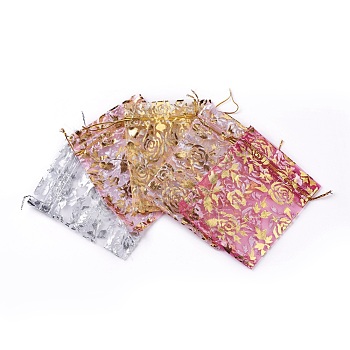 Rose Printed Organza Bags, Wedding Favor Bags, Favour Bag, Gift Bags, Rectangle, Mixed Color, 12x10cm, 5pcs/color, 25pcs/set