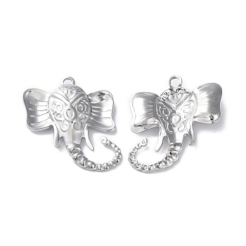 304 Stainless Steel Pendants, Elephant Charm, Stainless Steel Color, 31.5x29x3mm, Hole: 2.4mm