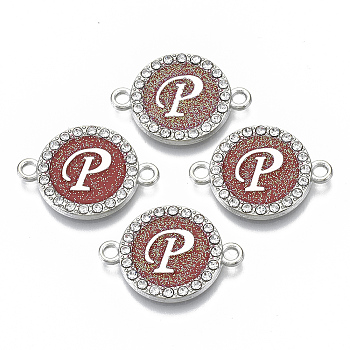 Alloy Enamel Links Connectors, with Crystal Rhinestones, Flat Round with Letter, Silver Color Plated, Letter.P, 22x16x2mm, Hole: 1.8mm