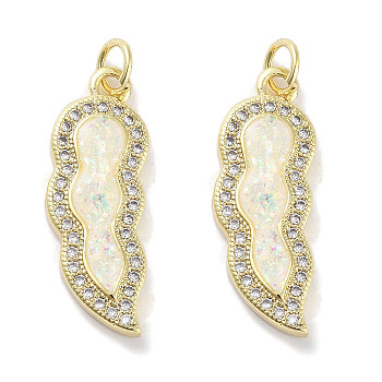 Brass Micro Pave Clear Cubic Zirconia Pendants, with Synthetic Opal and Jump Rings, Real 18K Gold Plated, White, 23.5x8.5x3mm, Hole: 3mm