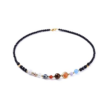 Natural & Synthetic Gemstone Beaded Necklaces, with Brass Beads and 304 Stainless Steel Lobster Claw Clasps, Universe Galaxy The Nine Planets Guardian Star Natural Stone, 19.1~19.5 inch(48.7~49.6cm)