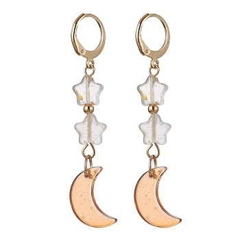 Moon & Star Glass Dangle Leverback Earrings with 304 Stainless Steel Pins, Orange, 55x11mm