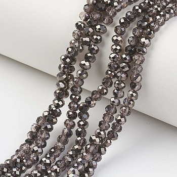 Electroplate Transparent Glass Beads Strands, Half Black Plated, Faceted, Rondelle, Coconut Brown, 8x6mm, Hole: 1mm, about 65~68pcs/strand, 15.7~16.1 inch(40~41cm)