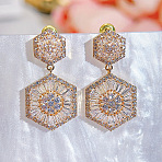 Hexagon Brass Micro Pave Clear Cubic Zirconia Dangle Stud Earrings, Pave Cluster Earring, Golden, 32mm(FS-WG2FD98-01)