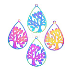 201 Stainless Steel Filigree Pendants, Etched Metal Embellishments, Teardrop with Tree of Life Charm, Rainbow Color, 47x30x0.3mm, Hole: 2mm(STAS-TAC0004-60RC)