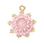 Dyed Natural Malaysia Jade with Glass Seed Beaded Pendants, Sun Charms, Pink, 25.5x22x8.5mm, Hole: 2mm(PALLOY-MZ01275-04)