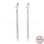 Rhodium Plated 925 Sterling Silver Tassel Earrings, Dangle Stud Earrings with Natural Pearl Beads, with S925 Stamp, Platinum, 75x8.5mm(STER-A044-02P)