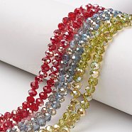 Electroplate Glass Beads Strands, Half Plated, Rainbow Plated, Faceted, Rondelle, Mixed Color, 6x5mm, Hole: 1mm, about 85~88pcs/strand, 16.1~16.5 inch(41~42cm)(EGLA-A034-T6mm-K)