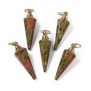 Natural Unakite Openable Perfume Bottle Pendants, Faceted Cone Charm, with Golden Tone Brass Findings, 48~50x15.5~16.5x15.5~16.5mm, Hole: 10.3mm(G-A026-06)