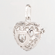 Eco-Friendly Rack Plating Brass Hollow Heart Cage Pendants, For Chime Ball Pendant Necklaces Making, Cadmium Free & Nickel Free & Lead Free, Platinum, 27x27x20mm, Hole: 9x4mm, inner: 18x20mm(X-KK-M180-04P-NR)