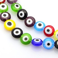 Handmade Evil Eye Lampwork Bead Strands, Flat Round, Mixed Color, 8x4mm, Hole: 1mm, about 53pcs/strands, 15 inch(X-LAMP-J029-8mm-M)