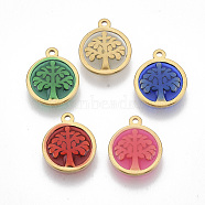 201 Stainless Steel Pendants, with Epoxy Resin, Flat Round with Tree of Life, Golden, Mixed Color, 7x10x1.5mm, Hole: 1mm(STAS-R099-06)
