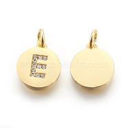 Eco-Friendly Brass Cubic Zirconia Charms, Letter Style, Long-Lasting Plated, Lead Free & Cadmium Free & Nickel Free, Flat Round, Clear, Golden, Letter.E, 13x11x2mm, Hole: 3mm(ZIRC-I020-G-E-NR)