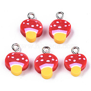 Handmade Polymer Clay Charms, with Platinum Tone Iron Findings, Mushroom, Red, 14~15x10x4mm, Hole: 1.8mm(X-CLAY-T016-50)
