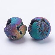 Electroplate Natural Druzy Geode Quartz Beads, Gemstone Home Display Decorations, No Hole/Undrilled, Round Ball, Rainbow Plated, 40mm(DJEW-K009-B02)