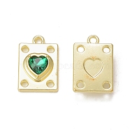 Rack Plating Alloy Glass Pendants, Golden, Rectangle with Heart Charms, Green, 19.5x12.5x5mm, Hole: 1.8mm(PALLOY-P291-06G-01)