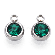 201 Stainless Steel Rhinestone Charms, Flat Round, Emerald, 8.5x6x3mm, Hole: 1.5mm(X-STAS-S068-03)
