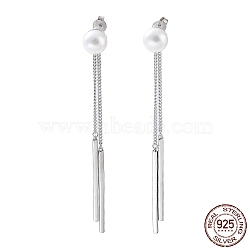 Anti-Tarnish Rhodium Plated 925 Sterling Silver Tassel Earrings, Dangle Stud Earrings with Natural Pearl Beads, with S925 Stamp, Platinum, 75x8.5mm(STER-A044-02P)