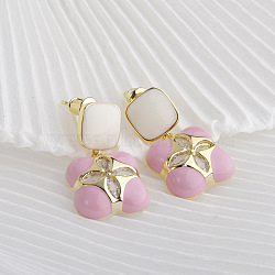 Flower Brass Enamel Stud Earrings for Women, Real 14K Gold Plated, Pink, 22x15mm(EJEW-Q391-19G)