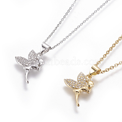 304 Stainless Steel Pendant Necklaces, with Brass Cubic Zirconia Pendants, Fairy, Mixed Color, 17.32 inch~17.71 inch(44~45cm), Pendant: 18x13x2mm(NJEW-E141-16)