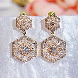 Hexagon Brass Micro Pave Clear Cubic Zirconia Dangle Stud Earrings, Pave Cluster Earring, Golden, 32mm(FS-WG2FD98-01)