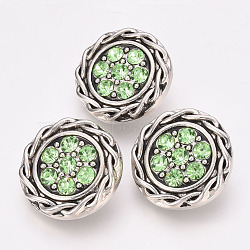 Alloy Rhinestone Snap Buttons, Flat Round, Antique Silver, Peridot, 20.5x7.5mm; Knob: 5.5mm(SNAP-S009-029)