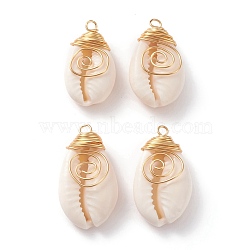 Natural Cowrie Shell Wire Wrapped Pendants, with Eco-Friendly Golden Copper Wire, for Jewelry Making, Bisque, 25~35x14.5~19.5x8~10mm, Hole: 3mm(X-PALLOY-JF00571-02)