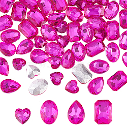 64Pcs 4 Style Glass Rhinestone Cabochons, Faceted, Flat Back & Back Plated, Rectangle & Teardrop & Heart & Oval, Fuchsia, 12~18x12~13x5~6mm, 16pcs/style(RGLA-FG0001-12)