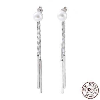 Rhodium Plated 925 Sterling Silver Tassel Earrings, Dangle Stud Earrings with Natural Pearl Beads, with S925 Stamp, Platinum, 75x8.5mm