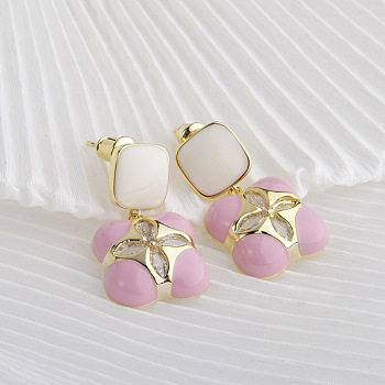 Flower Brass Enamel Stud Earrings for Women, Real 14K Gold Plated, Pink, 22x15mm