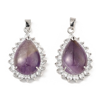 Natural Amethyst & Rhinestone Pendants, with Platinum Tone Rack Plating Brass Wire Wrap, Long-Lasting Plated, Lead Free & Cadmium Free, Teardrop, 40x26x13mm, Hole: 6x4.5mm