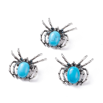 Synthetic Turquoise Brooch, with Alloy Findings and Glass, Spider, Antique Silver, 34~35x41~42x7mm, Hole: 3x5mm