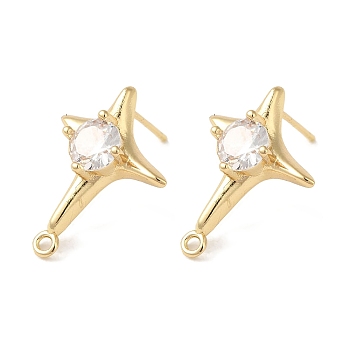 Brass with Clear Cubic Zirconia Stud Earring Findings, Star, Real 14K Gold Plated, 21x16mm, Hole: 1.4mm, Pin: 0.5x14mm