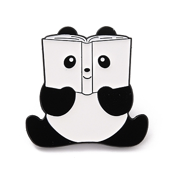 Panda with Book Enamel Pin, Animal Alloy Enamel Brooch for Backpack Clothes, Electrophoresis Black, White, 27x27x10mm, Pin: 1mm