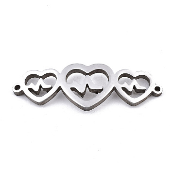 304 Stainless Steel Link Connectors, Laser Cut, Heart with Electrocardiograph, Stainless Steel Color, 10.5x30.5x1.5mm, Hole: 1mm