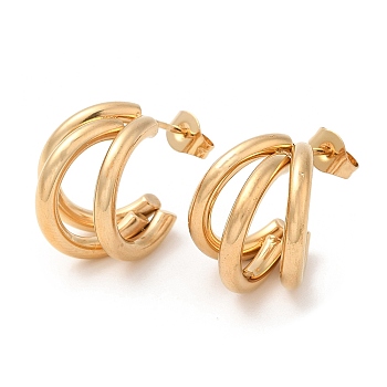 304 Stainless Steel Round Stud Earrings, Split Earrings, Half Hoop Earrings for Women, Real 18K Gold Plated, 18x13mm
