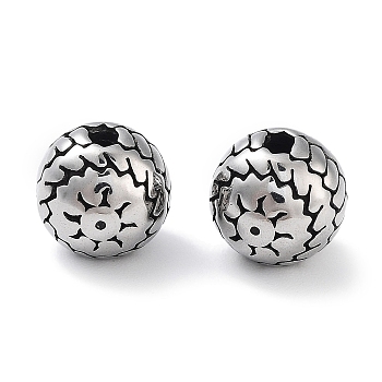 304 Stainless Steel Beads, Round with Sun, Antique Silver, 8.5x8mm, Hole: 1.6mm