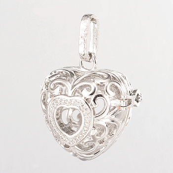 Eco-Friendly Rack Plating Brass Hollow Heart Cage Pendants, For Chime Ball Pendant Necklaces Making, Cadmium Free & Nickel Free & Lead Free, Platinum, 27x27x20mm, Hole: 9x4mm, inner: 18x20mm
