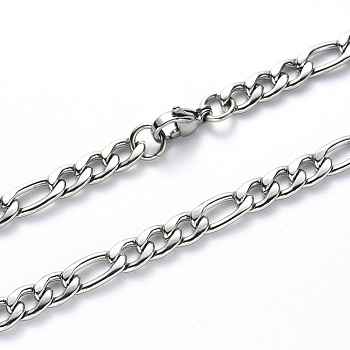 Collares de cadena de 304 acero inoxidable Figaro, con cierre de pinza, color acero inoxidable, link: 6.5x3x0.8 mm y 4.5x3x0.8 mm, 19.68 pulgada (50 cm)