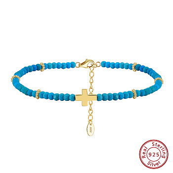 925 Sterling Silver Anklets, Synthetic Turquoise Beads Anklet, Cross, Real 14K Gold Plated, 8-1/2 inch(21.5cm)